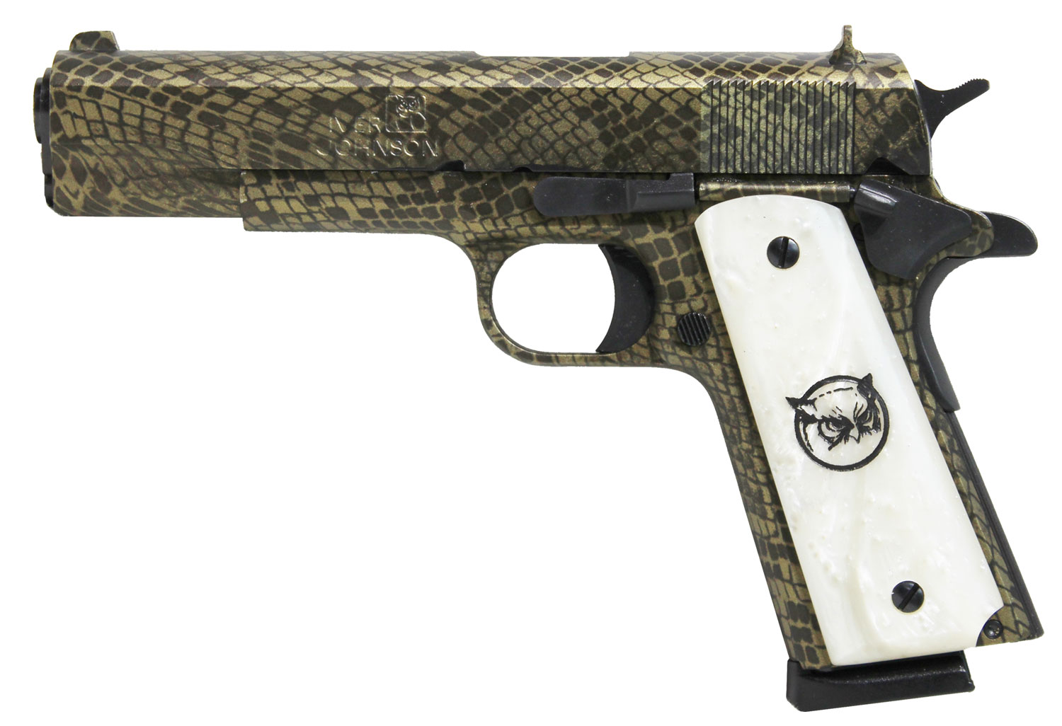 Iver Johnson Arms 1911A1WATERMOCCASIN 1911 A1 Water Moccasin 45 ACP 8+1 5" Black Steel Barrel, Green Snakeskin Hydrographic Serrated Steel Slide & Frame w/Beavertail, White Synthetic Pearl Grip