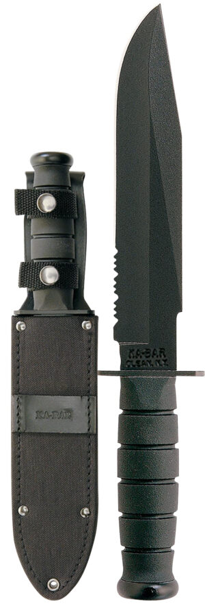 Ka-Bar 1271 Fighter  8" Fixed Clip Point Part Serrated Black 1095 Cro-Van Blade, Black Kraton G Handle, Includes Sheath