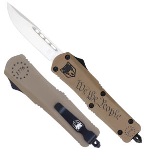CobraTec Knives SWTPFS3DNS FS-3 We The People Small 2.75" OTF Drop Point Plain Aluminum Cerakoted D2 Steel Blade, Tan "We The People" Aluminum Handle