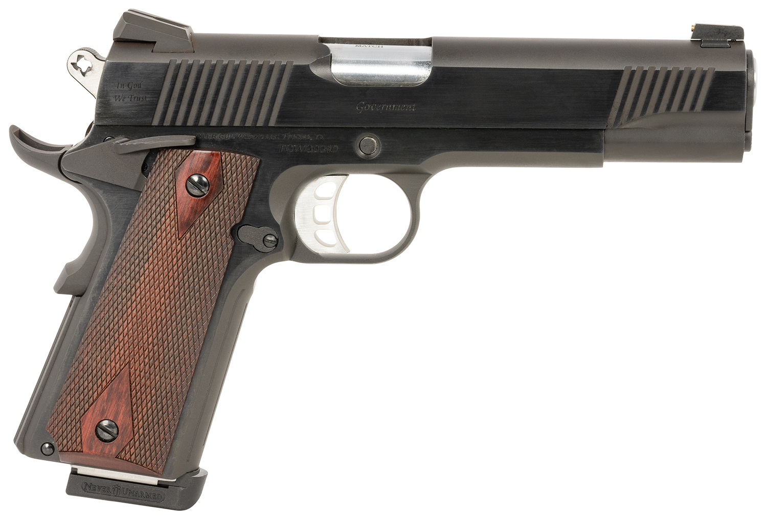 Tyler Gun Works TGWGVBL45 Custom 1911 Government Full Size Frame 45 ACP 7+1 5" Stainless Match Grade Barrel, Blued Serrated Steel Slide & Steel Frame w/Beavertail, Walnut Grip