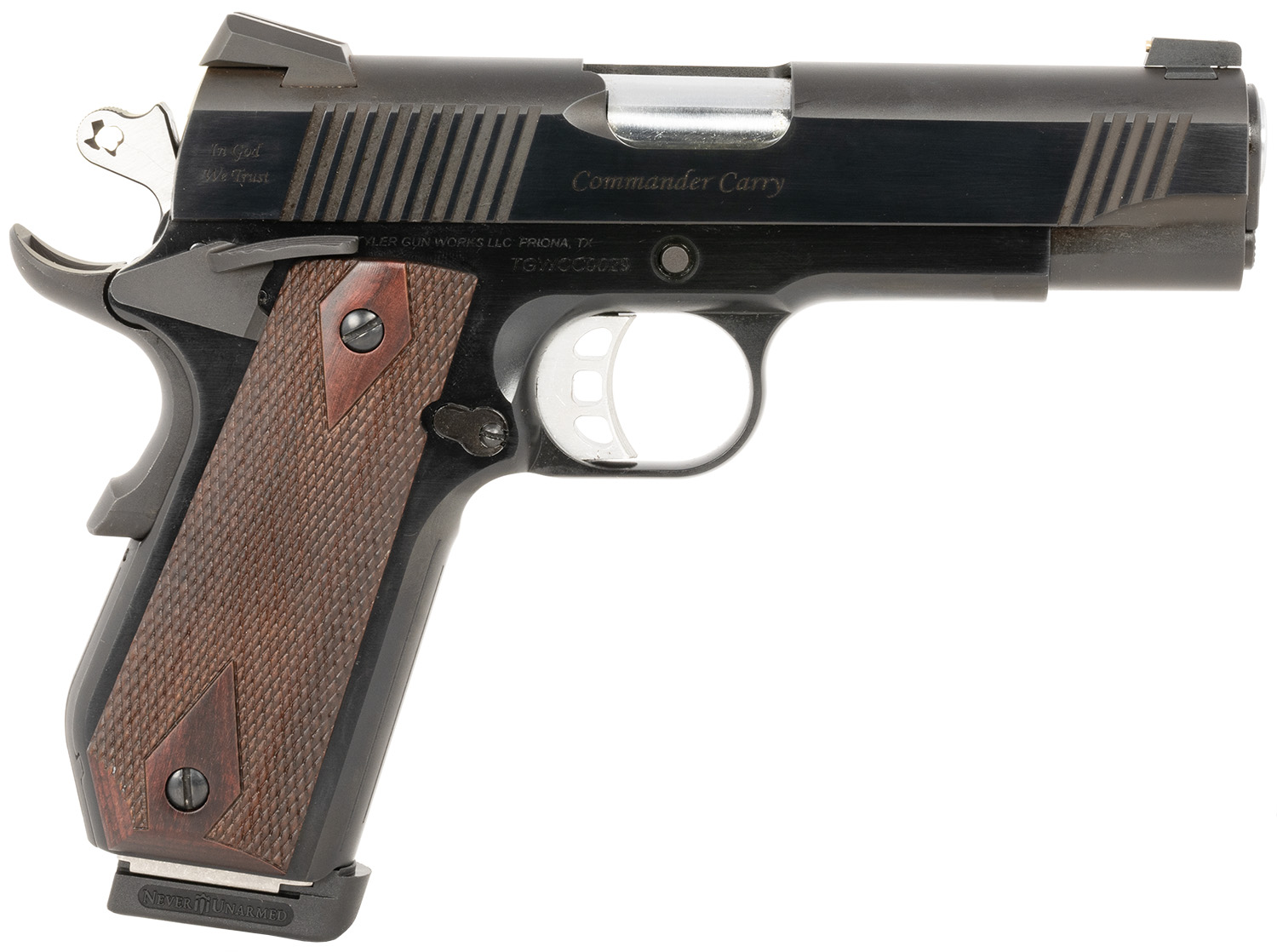 Tyler Gun Works TGWCMBL45 Custom 1911 Commander 45 ACP 7+1 4.25" Stainless Match Grade Barrel, Blued Serrated Steel Slide, Blued Steel Frame w/Beavertail, Walnut Grip