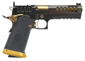 Watchtower Firearms DEMOLITIA9MM5ELITE Demolitia Full Size Frame 9mm Luger 20+1 5" Gold Plated PVD Ported Barrel, Graphite PVD Optic Cut/Serrated Steel Slide, Graphite PVD Frame, Black Textured Grip