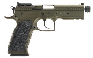 Tanfoglio  Defiant Tactical Pro 9mm Luger 20+1 4.50" Stainless Threaded Barrel, Green Steel Optic Ready/Ported/Serrated Slide, Green Steel Frame w/Beavertail & Picatinny Rail, Black Polymer Grip
