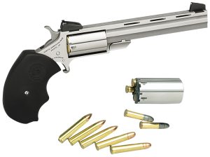 North American Arms MMTC Mini-Master *CA Compliant 22 LR/22 WMR 5 Shot 4" Stainless Steel Vent Rib Barrel, Stainless Steel Frame, Stainless Cylinder, Black Finger Grooved Rubber Grip, Exposed Hammer