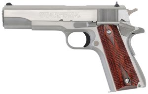 Colt Mfg O1070A1CS 1911 Government 45 ACP 8+1 5" Stainless National Match Barrel, Brushed Stainless Serrated Slide & Frame w/Beavertail, Double Diamond Checkered Wood Grip