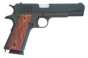 Cimarron 1911 1911  .45 ACP 8+1, 5.03" Black Steel Barrel, Black Parkerized Serrated Slide & Frame, Checkered Walnut Grips