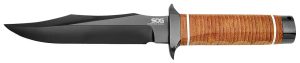 S.O.G SOGSB1TL Super SOG 7.50" Fixed Bowie Plain Black Hardcased TiCN AUS-8A SS Blade Brown Stacked Leather Washers w/Cross Guard Handle Includes Sheath