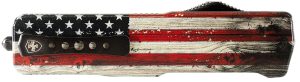 Templar Knife Premium Weighted Wood US Flag Slim 3" OTF Tanto Plain Black Oxide Stonewashed Powder Coated D2 Steel Blade, 4.50" Painted Wood Grain US Flag Aluminum Handle