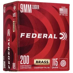 FEDERAL 9MM LUGER 115GR FMJ CHAMPION 200CT 200 RD/BX 5 BX/CS