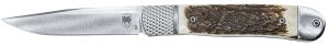 CobraTec Knives CTTHRSTG Trapper Hidden Release 3.12" Flip Open Drop Point Plain Satin D2 Steel Blade, 4.25" Stag Scales Handle