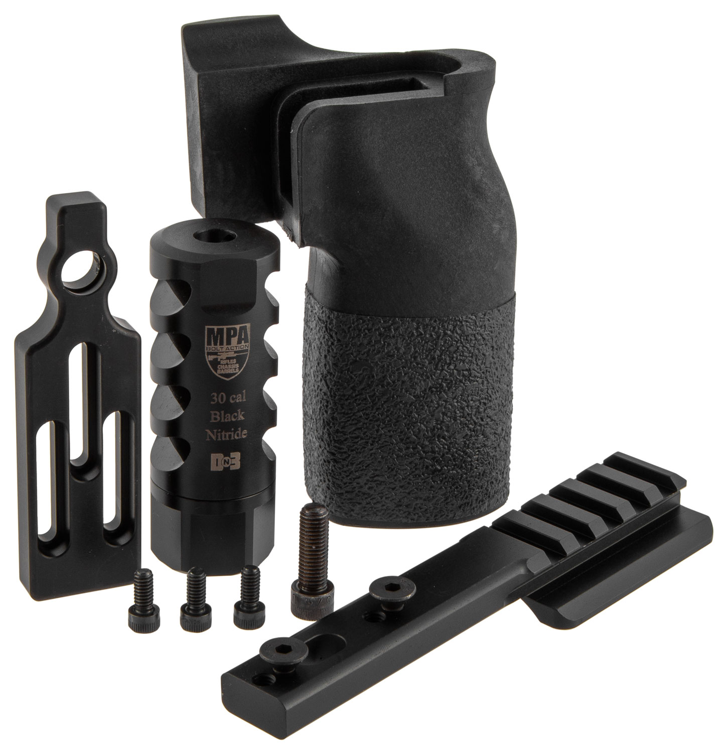 MasterPiece Arms 308PMRACCBUNDLE ACCBundle DN3 Muzzle Brake, Vertical Grip, V4 Spigot Mount & Bag Rider For 308 Win MasterPiece Arms PMR