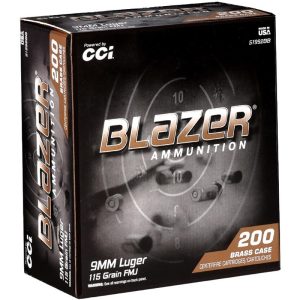 CCI Blazer Brass Handgun Ammunition 9mm Luger 115gr FMJ 1145 fps 200/ct