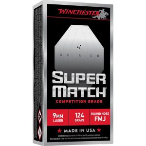 Winchester Super Match Handgun Ammunition 9mm Luger 124gr FMJ 1140fps 50/ct